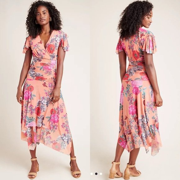 Maeve Dresses & Skirts - Maeve by Anthropologie Simone Floral Midi Dress Orange Pink XS NWT